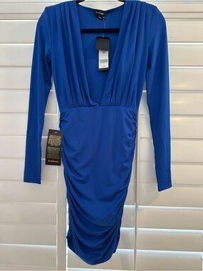 bebe Cobalt Blue Long Sleeve Plunge Ruched Midi Dress